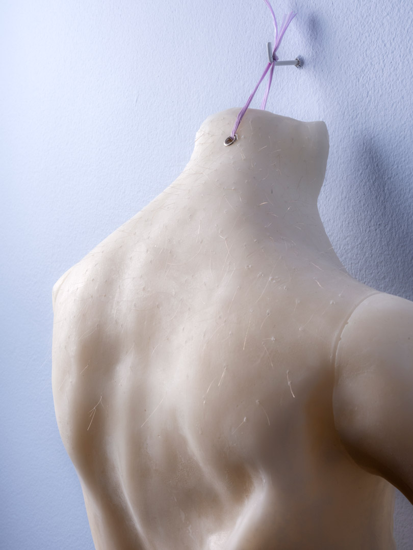 Fragment de l'installation Spleen Spring. Focus sur le haut d'un dos en cire suspendu au mur par un bolduc mauve, présenté sur fond bleu. Le dos est velu, greffé de poils blonds.