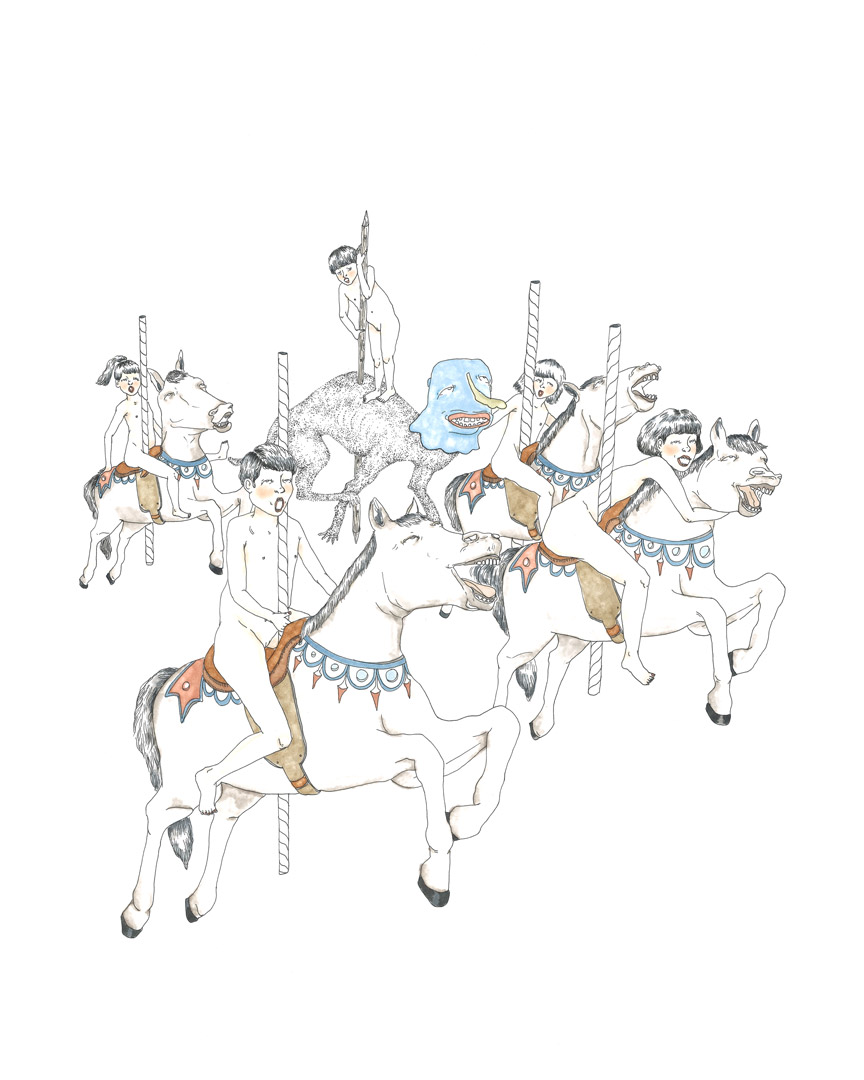 Extrait de la série de 7 dessins intitulée "S'Horrifier de l'Orifice". Focus sur un dessin vertical, montrant 5 corps nus chevauchant des chevaux gémissant, échappés d'un carrousel. Traitement graphique sur fond blanc avec fins tracés à l'encre de chine, certaines zones sont traités au pointillisme, colorisation avec rendu aquarellé.
