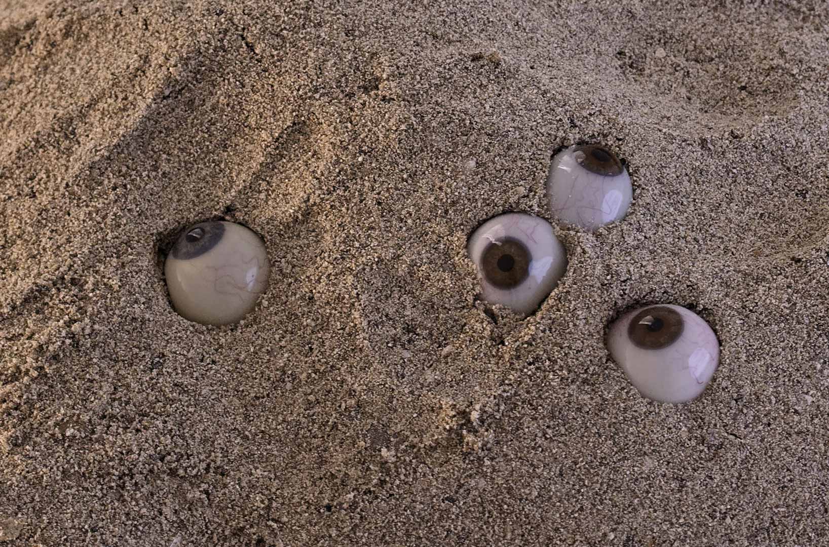 Vue de l'installation intitulée " Les tombeaux innocents". Focus sur le sable. Des yeux de verre de différentes couleurs hésitent entre surgissement et enlisement. Ils semblent regarder dans différentes direction.